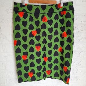 Anthropologie Brand Green Midi Pencil Skirt - Navy & Red Heart Pattern.